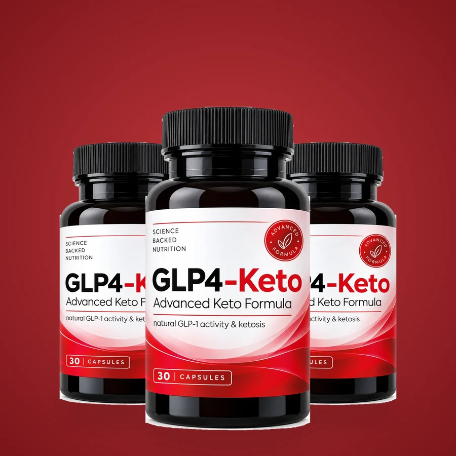 Tre flasker GLP4-Keto på en rød baggrund, svarende til tre måneders kur